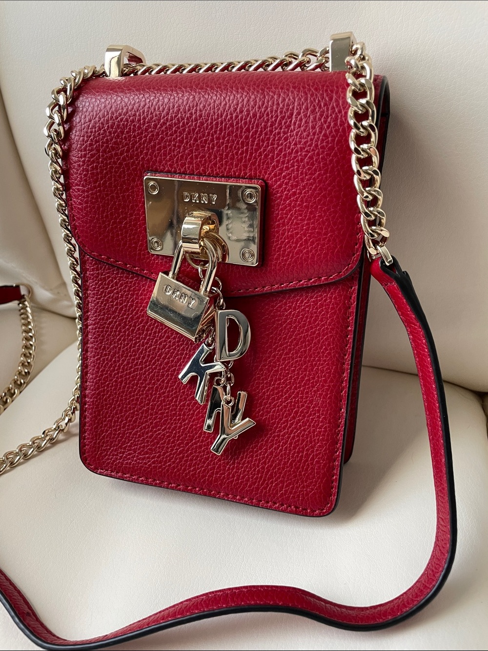 DKNY Red Crossbody Bag with Gold Chain